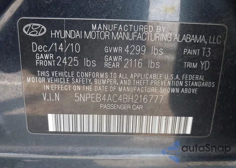 2011 Hyundai Sonata Gls from USA, damaged, VIN 5NPEB4AC4BH216777